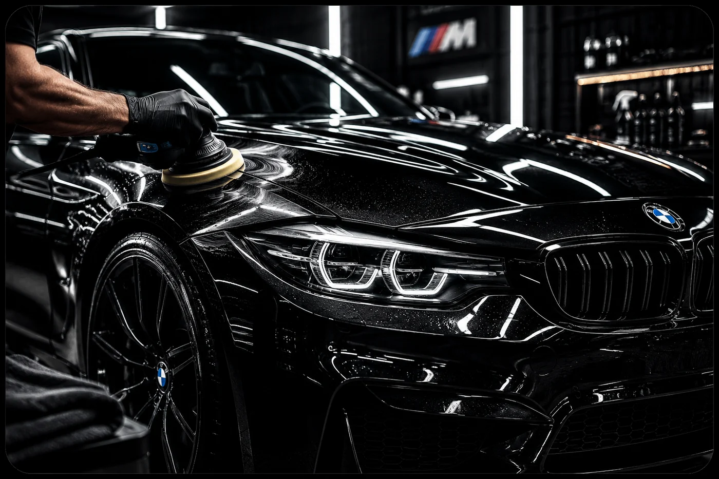 Melna BMW eksterjera pulēšana detailing studijā