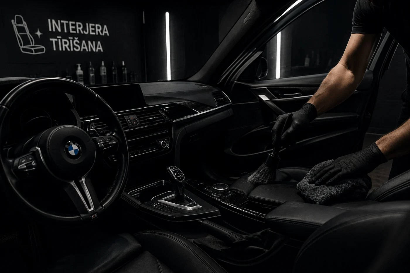 BMW salona interjera tīrīšana ar detailing birsti